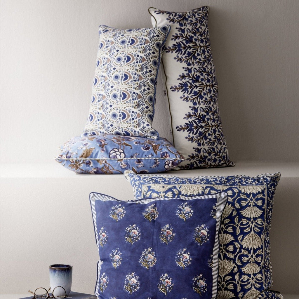 Hand Block Printed Cushion Cover - Indigo Floral - RhoolCushionBungalow DKHand Block Printed Cushion Cover - Indigo Floral