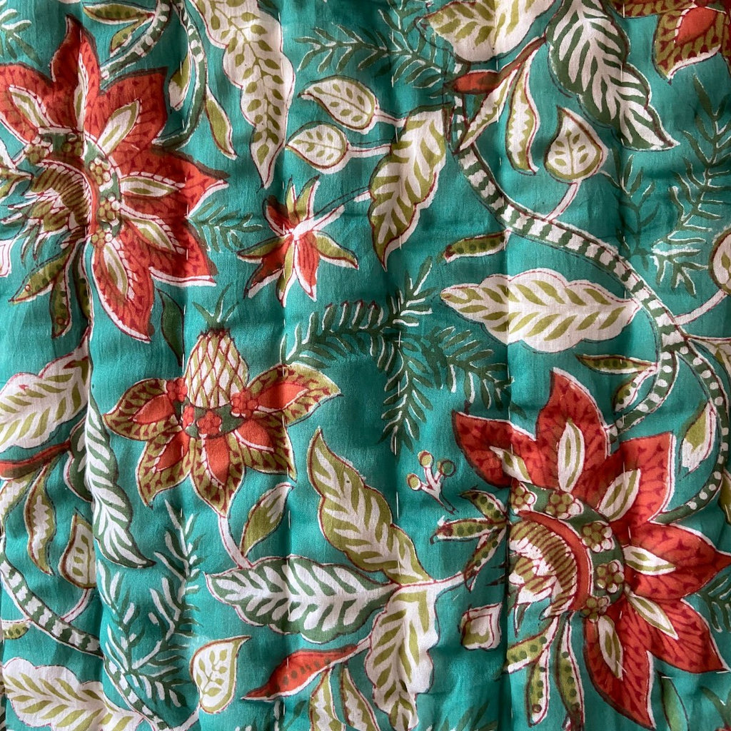 Reversible Block Print Cotton Quilt - Teal, Orange, White Floral - RhoolQuiltBlock Print QuiltReversible Block Print Cotton Quilt - Teal, Orange, White Floral