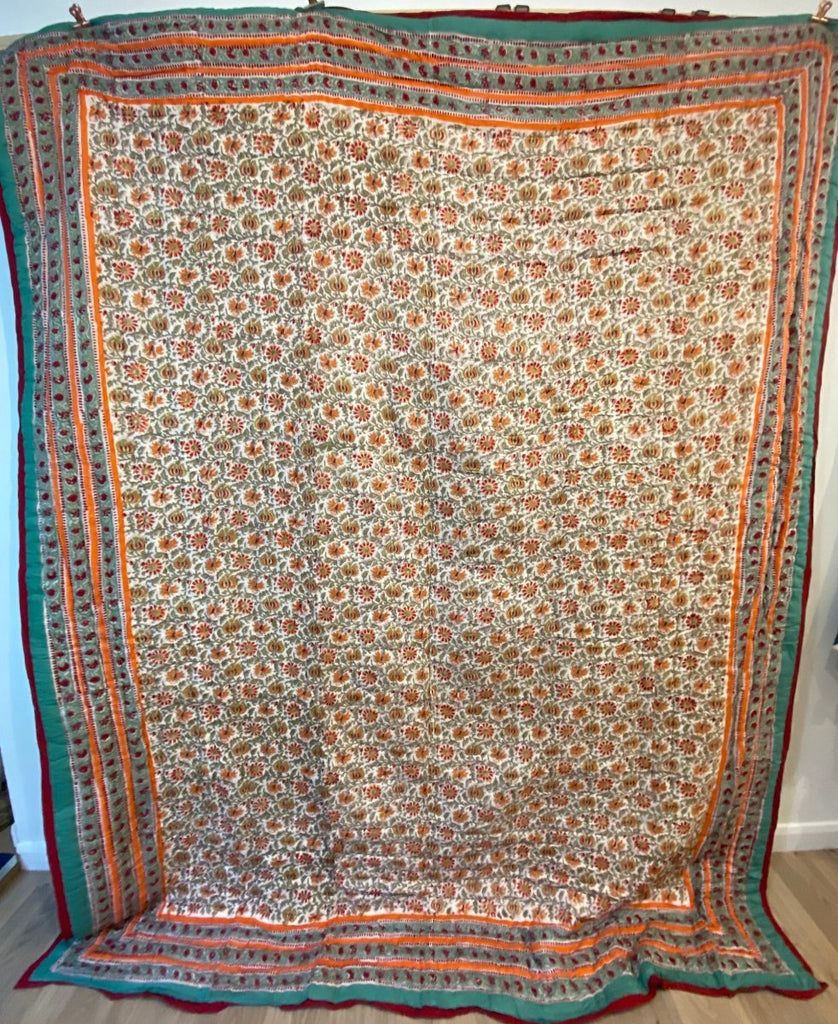 Reversible Block Print Cotton Quilt - Turquoise/Orange Flower - RhoolQuiltBlock Print QuiltReversible Block Print Cotton Quilt - Turquoise/Orange Flower