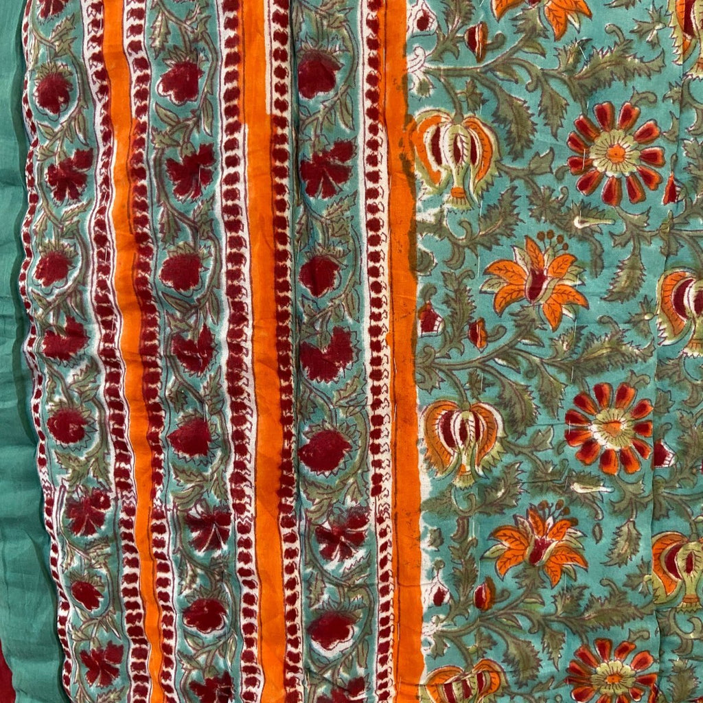 Reversible Block Print Cotton Quilt - Turquoise/Orange Flower - RhoolQuiltBlock Print QuiltReversible Block Print Cotton Quilt - Turquoise/Orange Flower