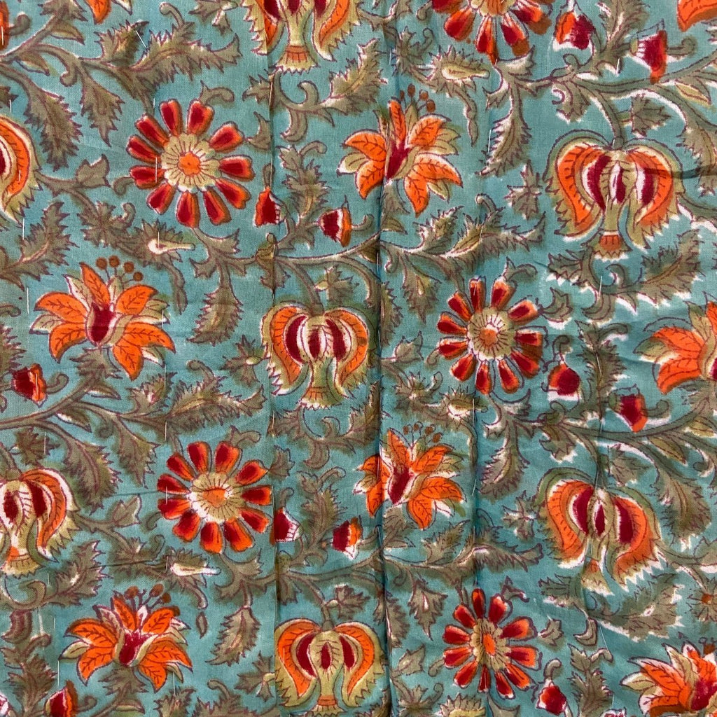 Reversible Block Print Cotton Quilt - Turquoise/Orange Flower - RhoolQuiltBlock Print QuiltReversible Block Print Cotton Quilt - Turquoise/Orange Flower